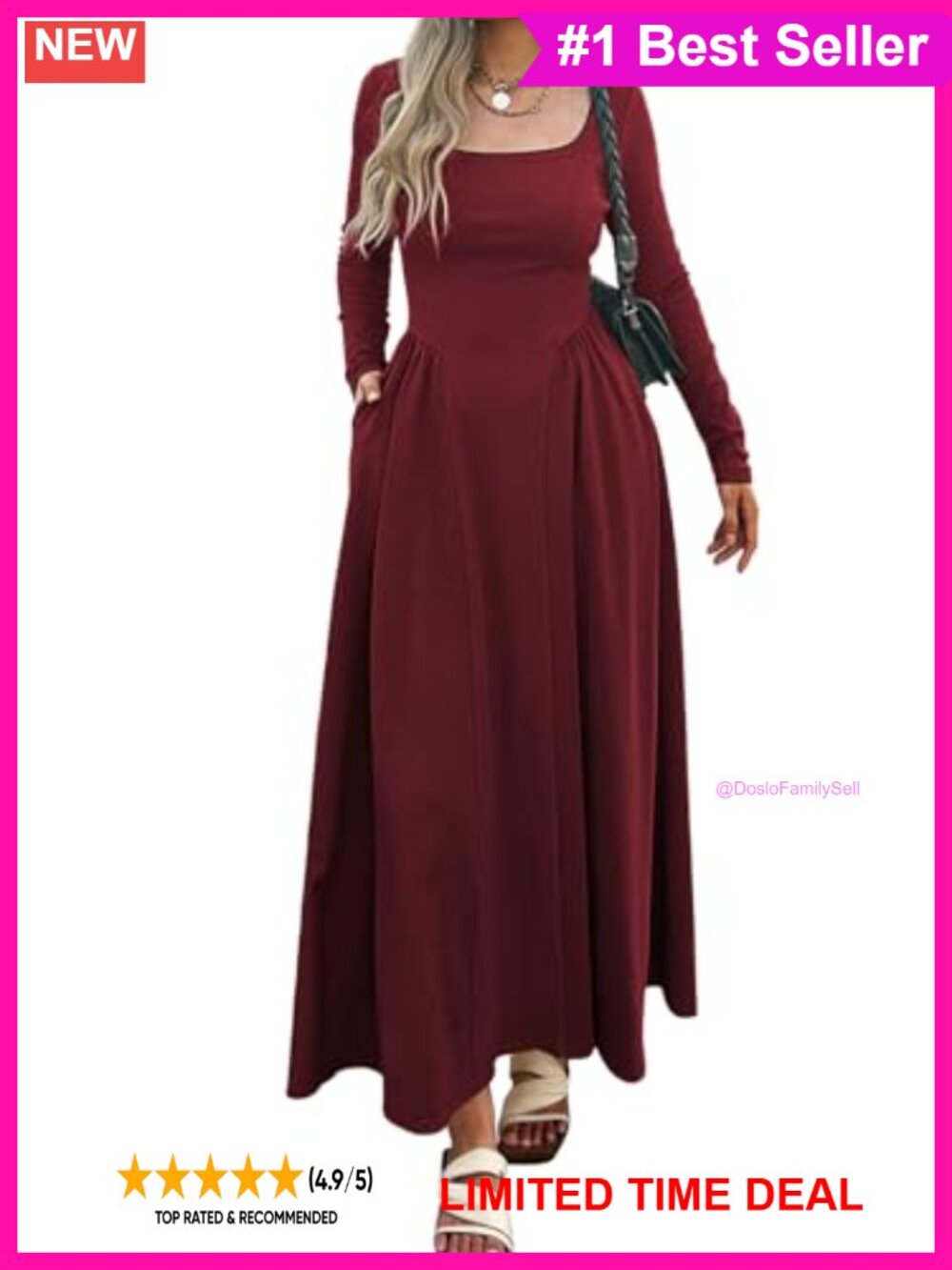 Ribbed Knit Patchwork Square Neck Long Sleeve Flowy A Line Maxi Dress with